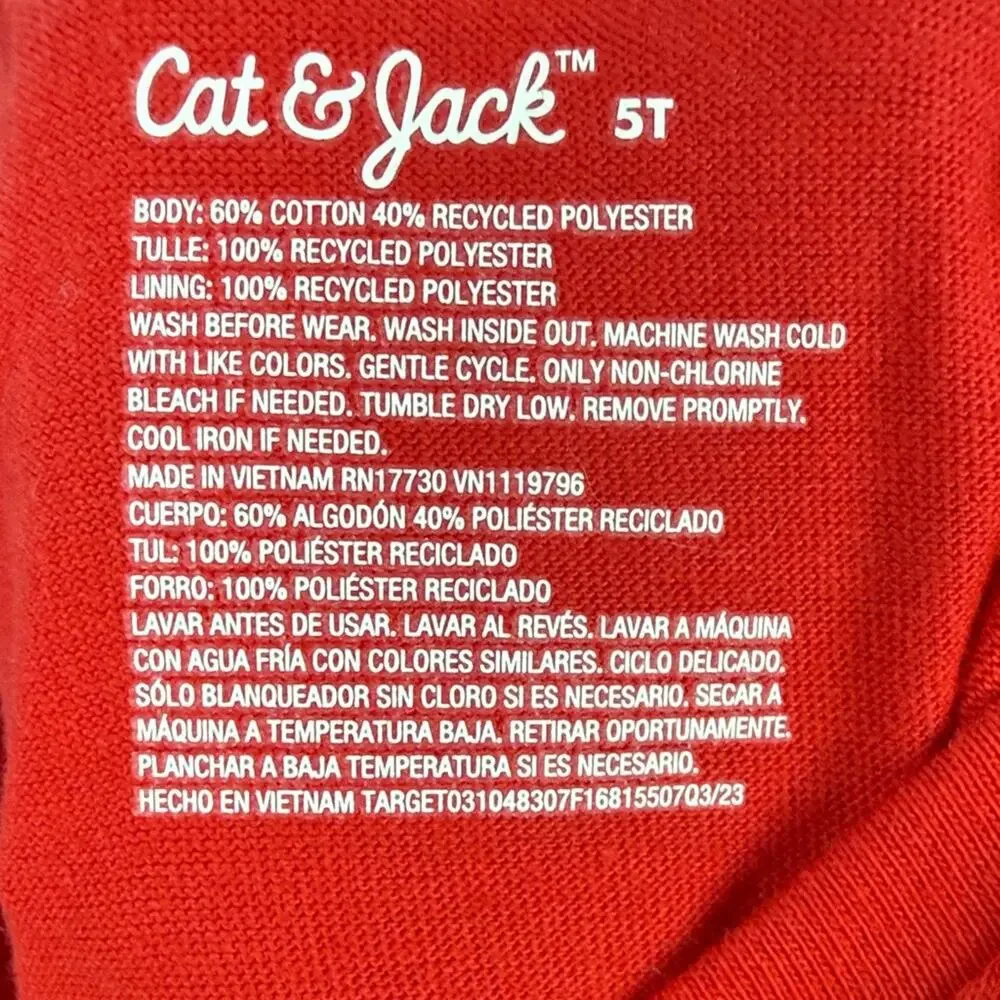 Cat & Jack Girls Red Long Sleeve Heart Graphic Tulle Dress size 5T